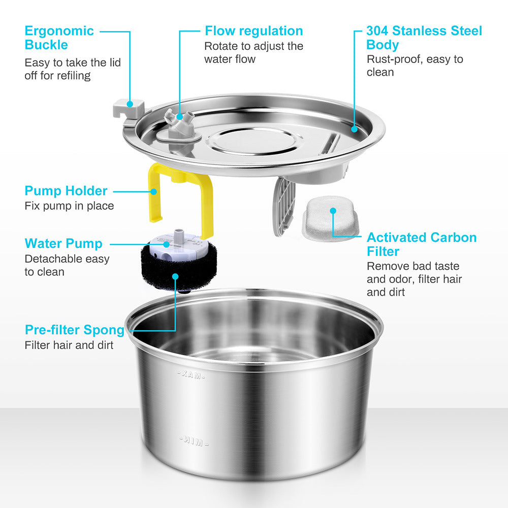 Automatic Modern 304 Stainless Steel 108oz/3.2L Pet Water Fountain Ultra-Quiet Dual Stream for Cats & Dogs