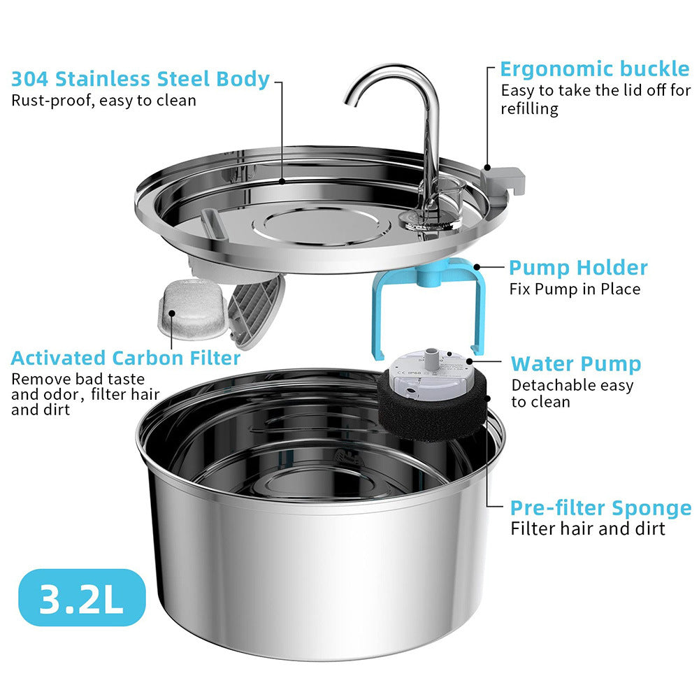 Automatic Modern 304 Stainless Steel 108oz/3.2L Pet Water Fountain Ultra-Quiet Dual Stream for Cats & Dogs