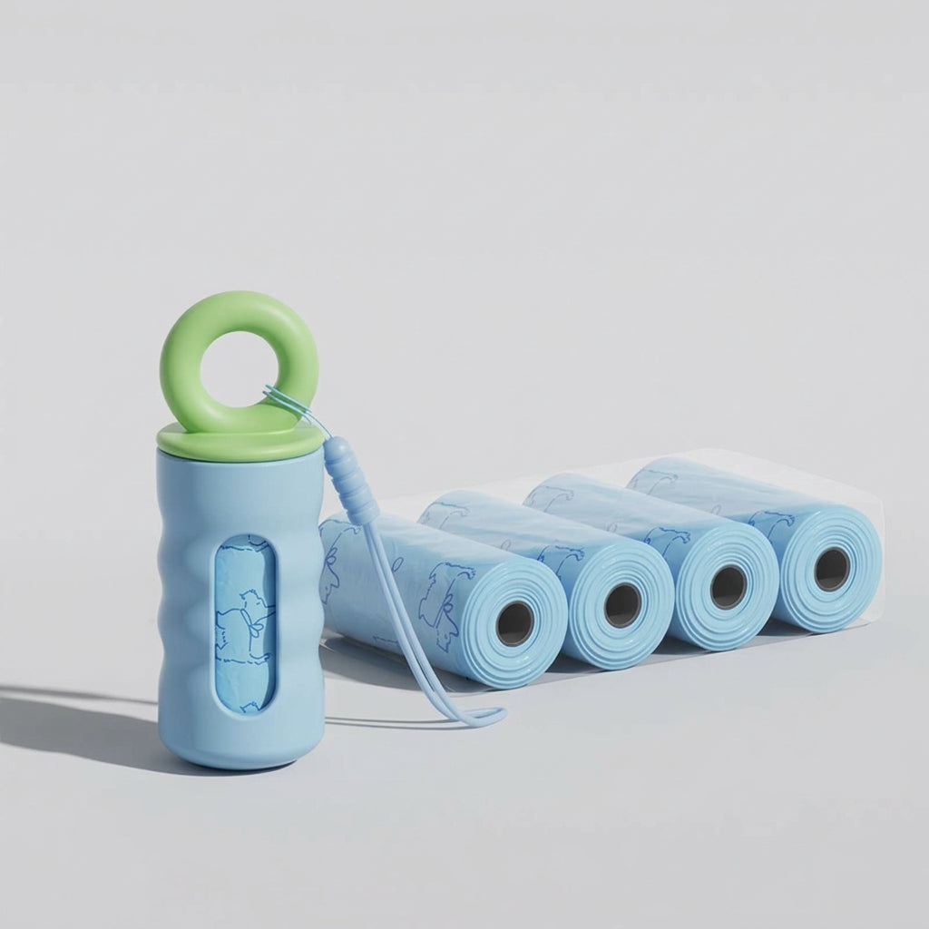 Hands-Free Dog Poop Bag Dispenser with Refill Rolls & Extended Leash Strap