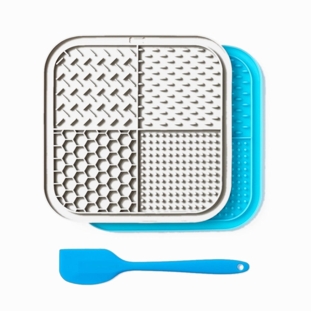 Gray and blue silicone lick mats with blue spreading scraper – dog lick mat 2-pack set
