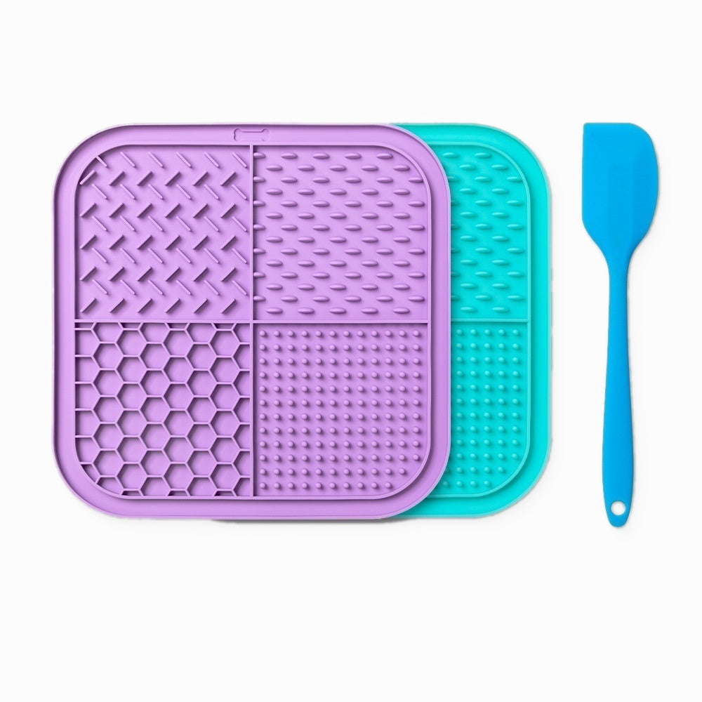 Silicone lick mat 2-pack set with blue spreading scraper – purple and blue slow feeder mats