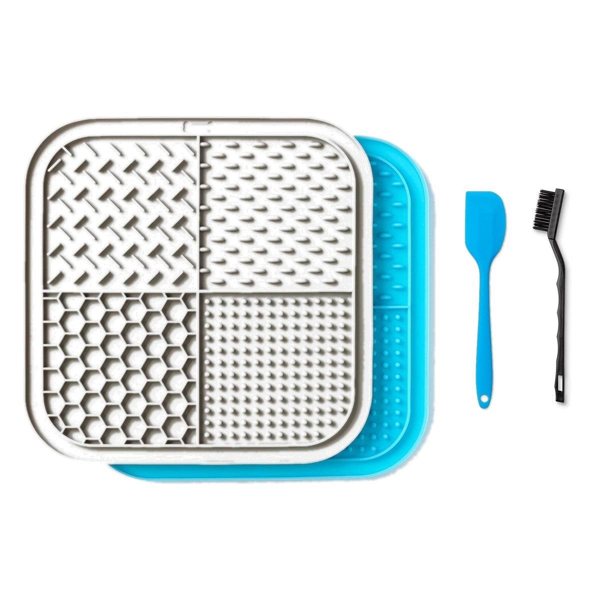 Gray and blue silicone lick mat 4-piece set with scraper and brush – dog lick mat 2-pack